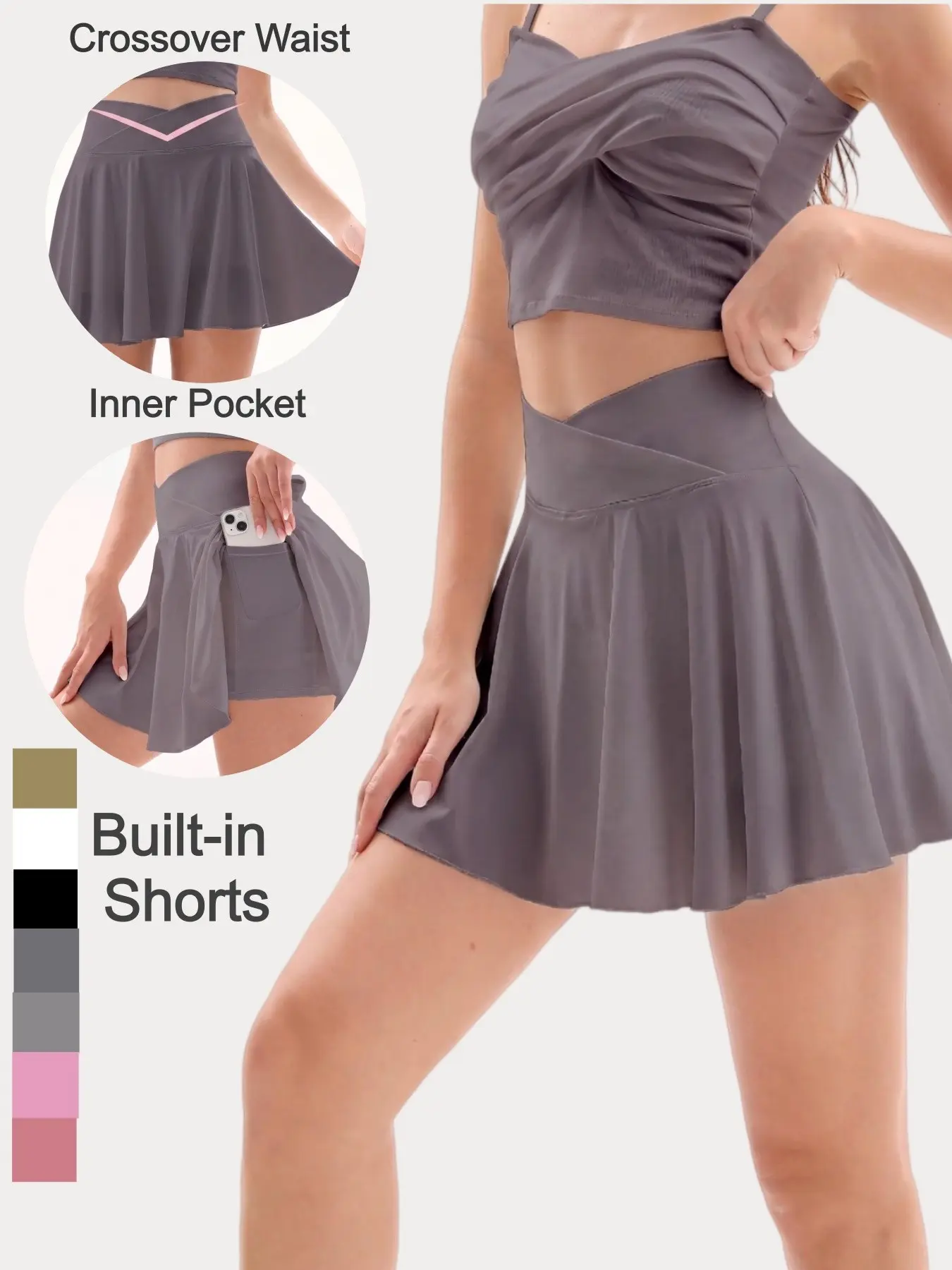 Crossover V Waist Tummy Control Sculpting Pleated 2-in-1 Shorts Skort High Stretch Quick Dry Tennis Golf Gym Daily Casual Women's Athletic Skirt