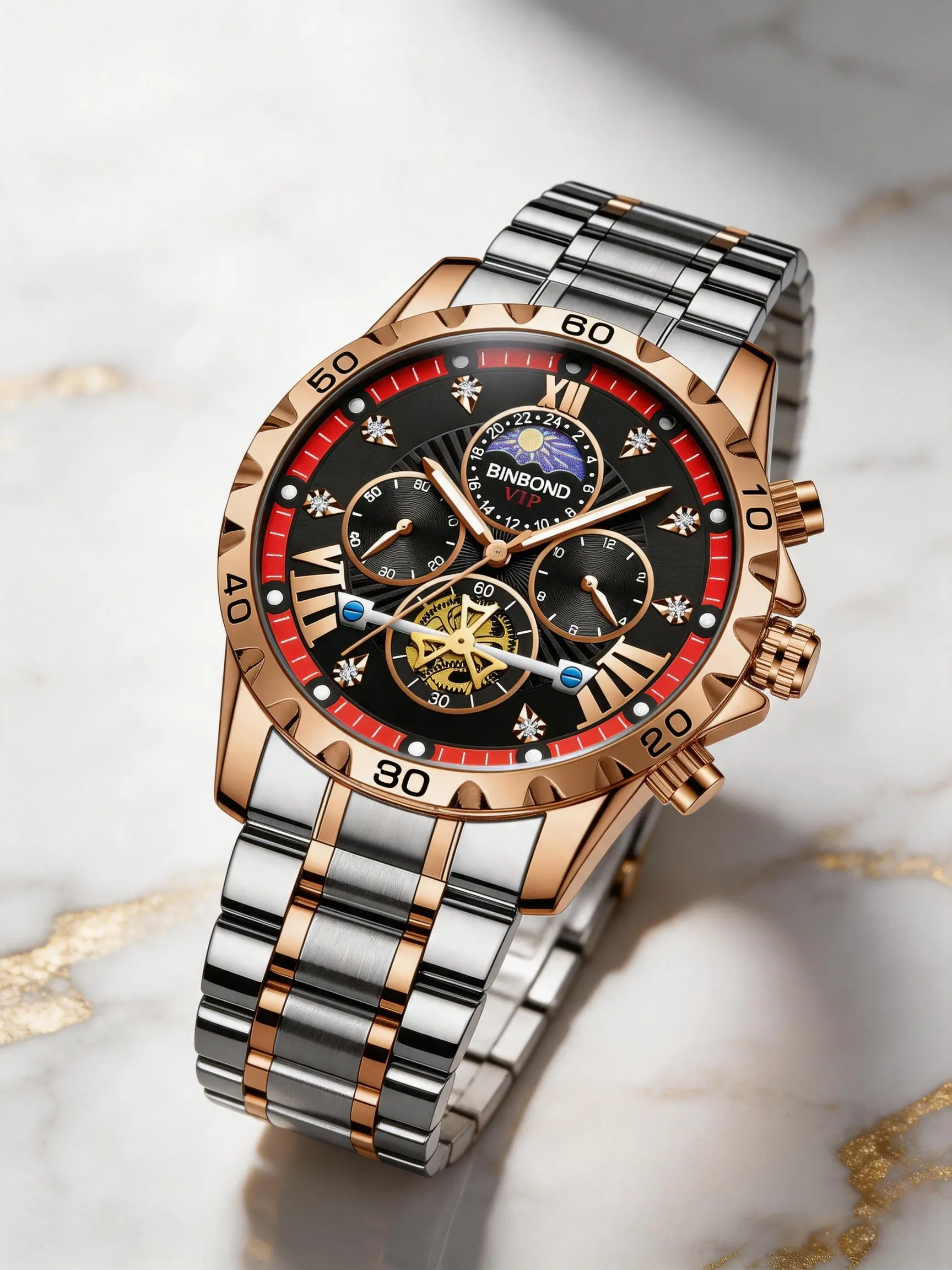 Men Multifunctional Quartz Watch Moon Phase Hollow Flywheel Chronograph Wristwatch Business Workplace Steel Band Wristwatch Trendy Luminous Waterproof Luxury Men Watch Internet Celebrity Best Gift High Grade All Match Male Wristwatch