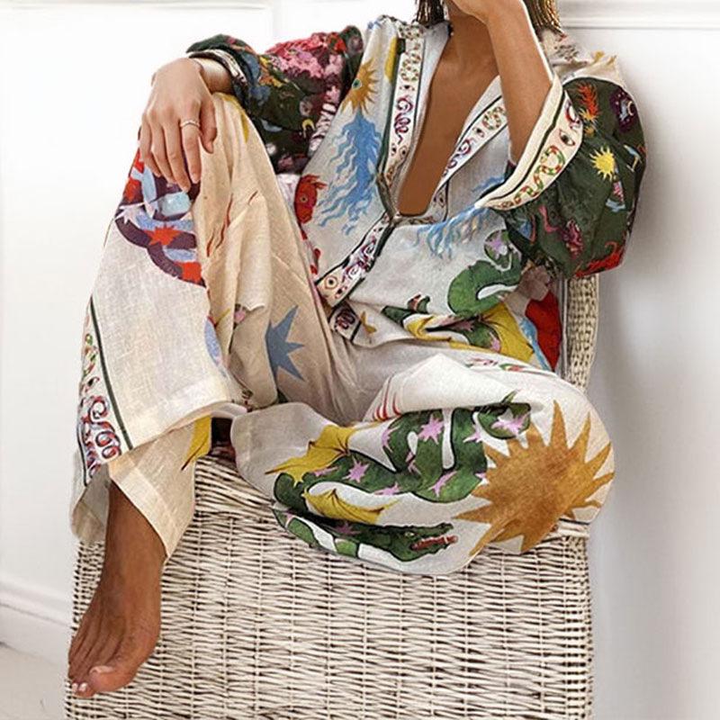 2026 Spring New Women's Clothing Set Printed Batwing Sleeve Waist-Cinching Wide-Leg Pants Set