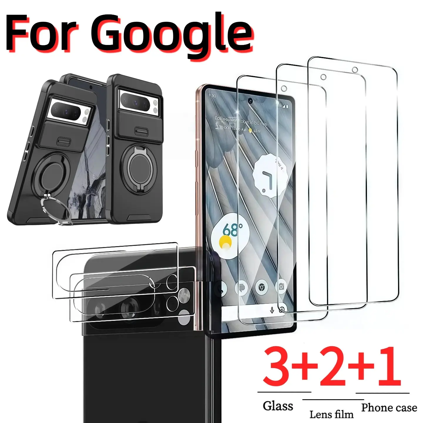Phone Accessories Bundle for Google Pixel, 3pcs HD Tempered Glass Screen Protector, 2pcs Camera Lens Film, Case, 9h Hardness, Dust-Free, Bubble-Free