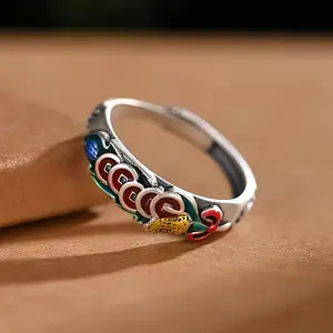 Classic Five Emperors Coins Enamel Ring, Cloisonné Enamel Open Ring, Traditional Chinese Blessing Meaning, Adjustable Band, Artistic Jewelry for Daily Wear & Gift