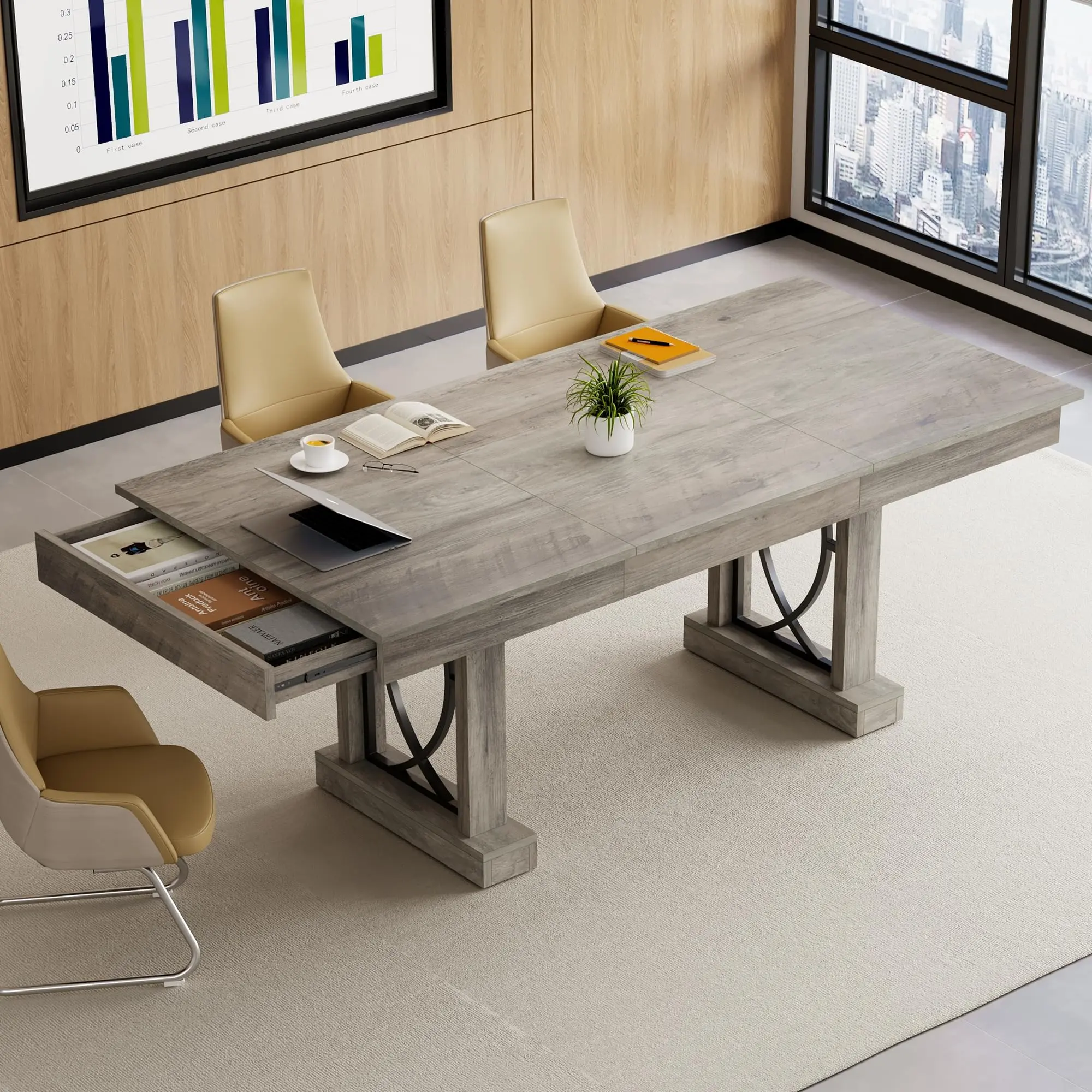 71-Inch Industrial Rectangular Shape Dining Table for 6-8 People, Large Wooden Top, Sturdy Frame, 2 Drawers, Rustic Gray & Walnut Options, Ideal for Dining Room, Kitchen, Office