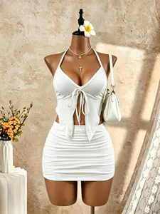 Summer Versatile Sexy Asymmetrical Ruffle Hem Strap Top and High Waist Bodycon Skirt Set, Casual Fitted Suit for Spring & Fall