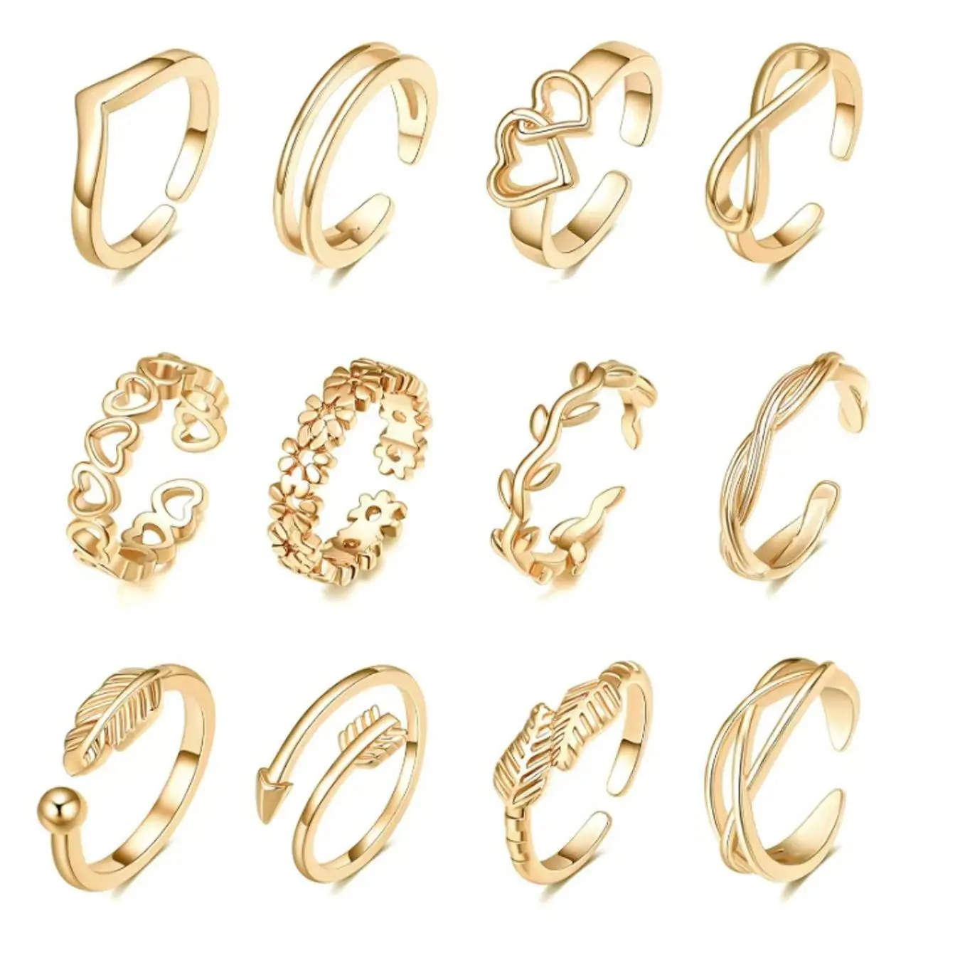 12Pcs Gold Toe Rings Set Adjustable Open Tail Ring Flower Arrow Leaf Band Minimalist Foot Jewelry Aesthetic Summer Beach Pool Vacation Gift