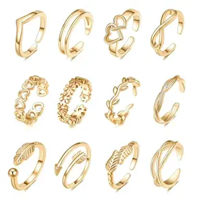 12Pcs Gold Toe Rings Set Adjustable Open Tail Ring Flower Arrow Leaf Band Minimalist Foot Jewelry Aesthetic Summer Beach Pool Vacation Gift