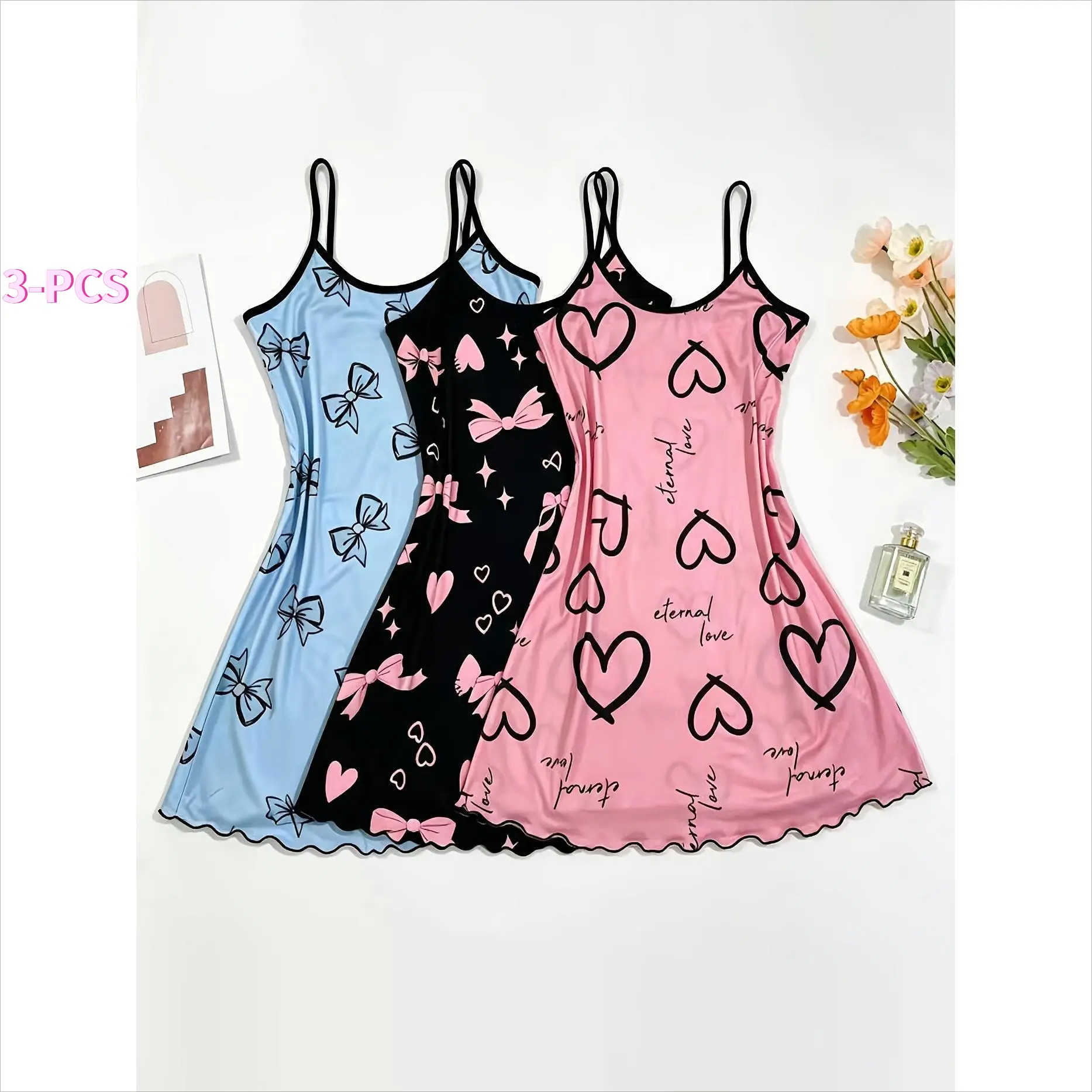 Women's 3-Pack Multi-Color Cami Sleep Dresses, Cute Heart Print V-Neck Mini Nightgowns, Comfortable Home Loungewear Nightwear