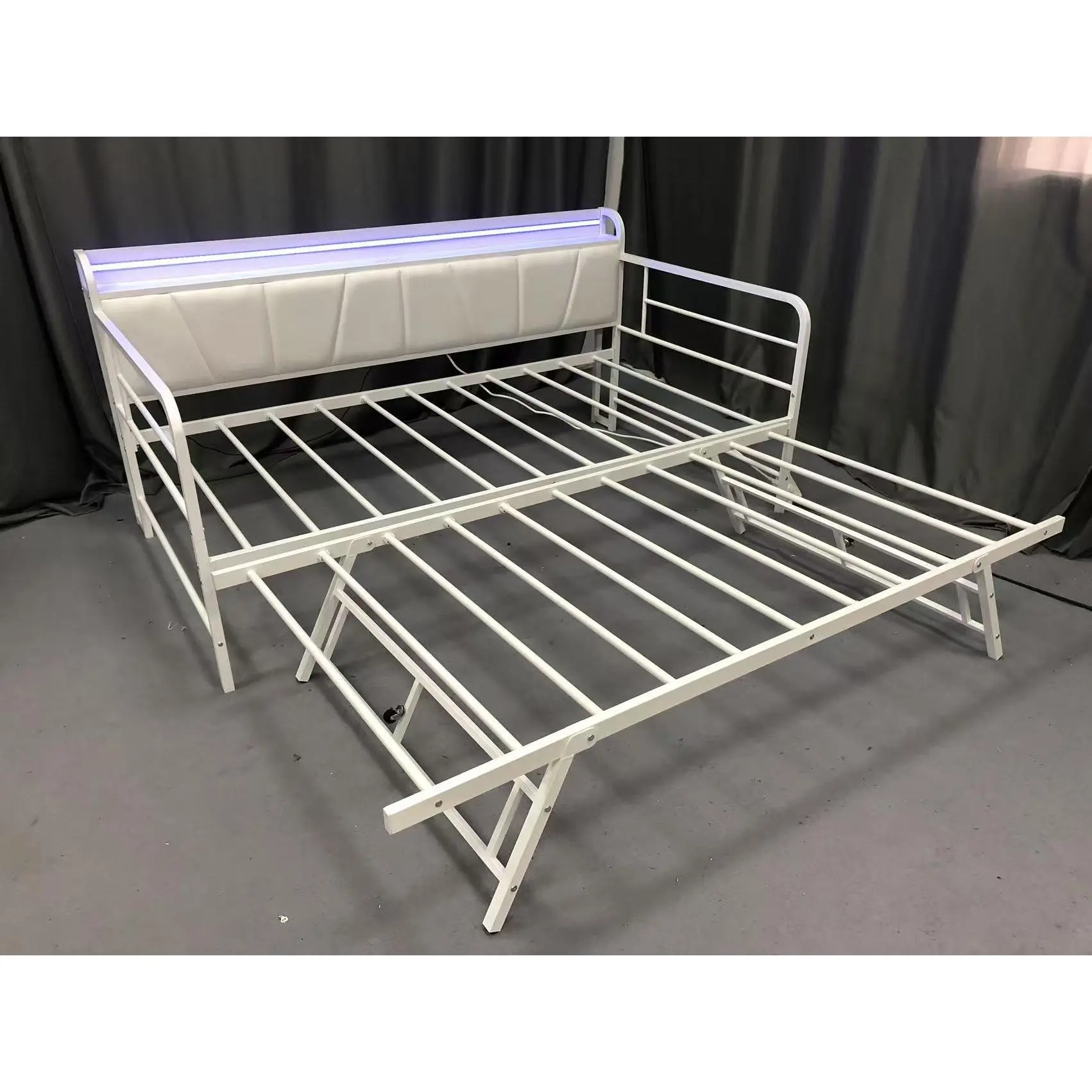 Modern Twin Daybed with Pop-Up Trundle - Linen Upholstered Storage Headboard, Charging Station & LED Light - Heavy Duty Metal Frame - Compact Sofa Bed for Bedroom, Living Room, Guest Room - Orange PU