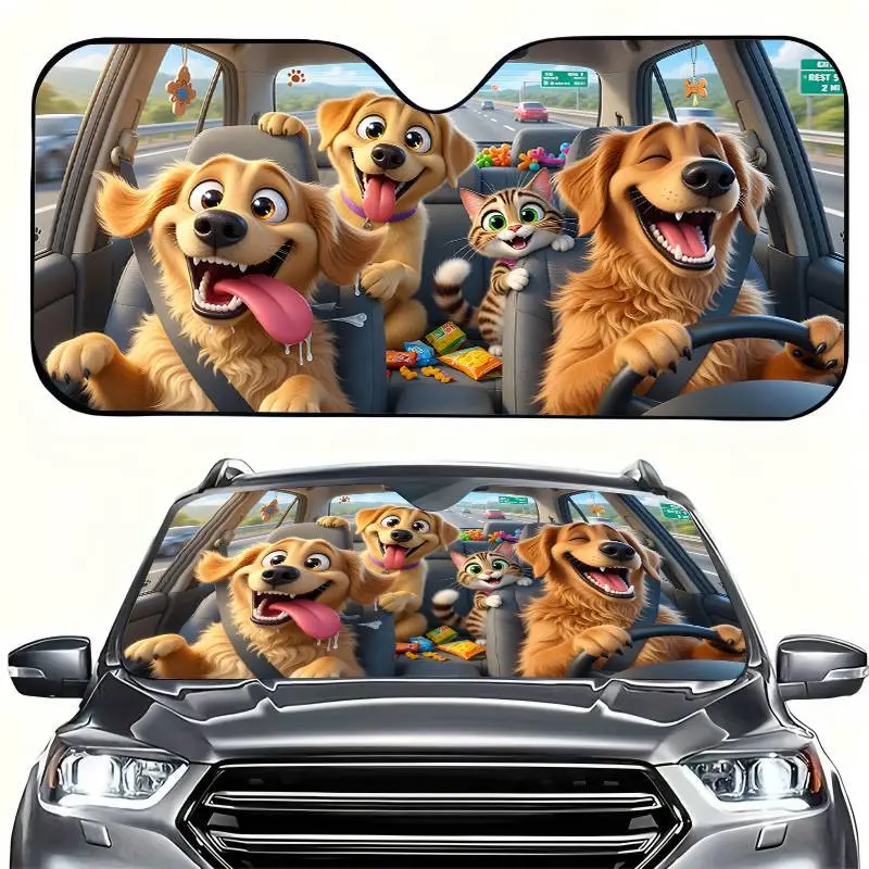 Happy Dogs Car Sun Shade Windshield,Foldable Car Window Shades Sun Reflector Visor Protector Universal Fit for Cars, Trucks & SUVs