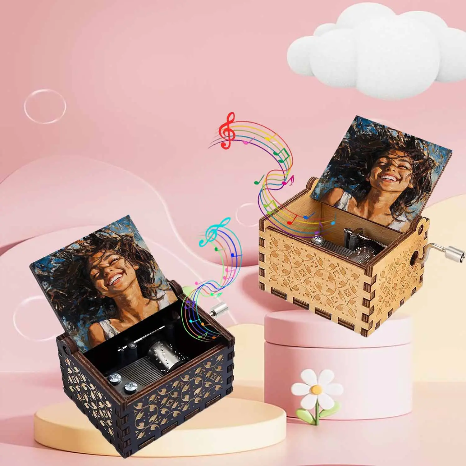 1pc Vintage Wooden Hand-Cranked Music Box, Joyful Windy Hair pattern, Play You Are My Sunshine, Music Box Gift for Family and Friends, Ideal for Birthdays, Christmas gifts, Home Decor Item, Mu