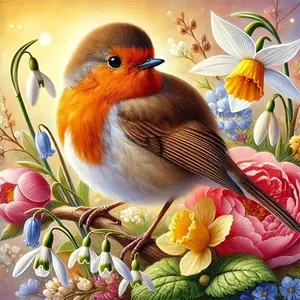 5D Diamond Painting Kit for Adults Kids Robin Bird and Flowers DIY Craft with Tools Unframed Sparkling Rhinestones Home Wall Decor Gift Idea Living Room Bedroom Decoration