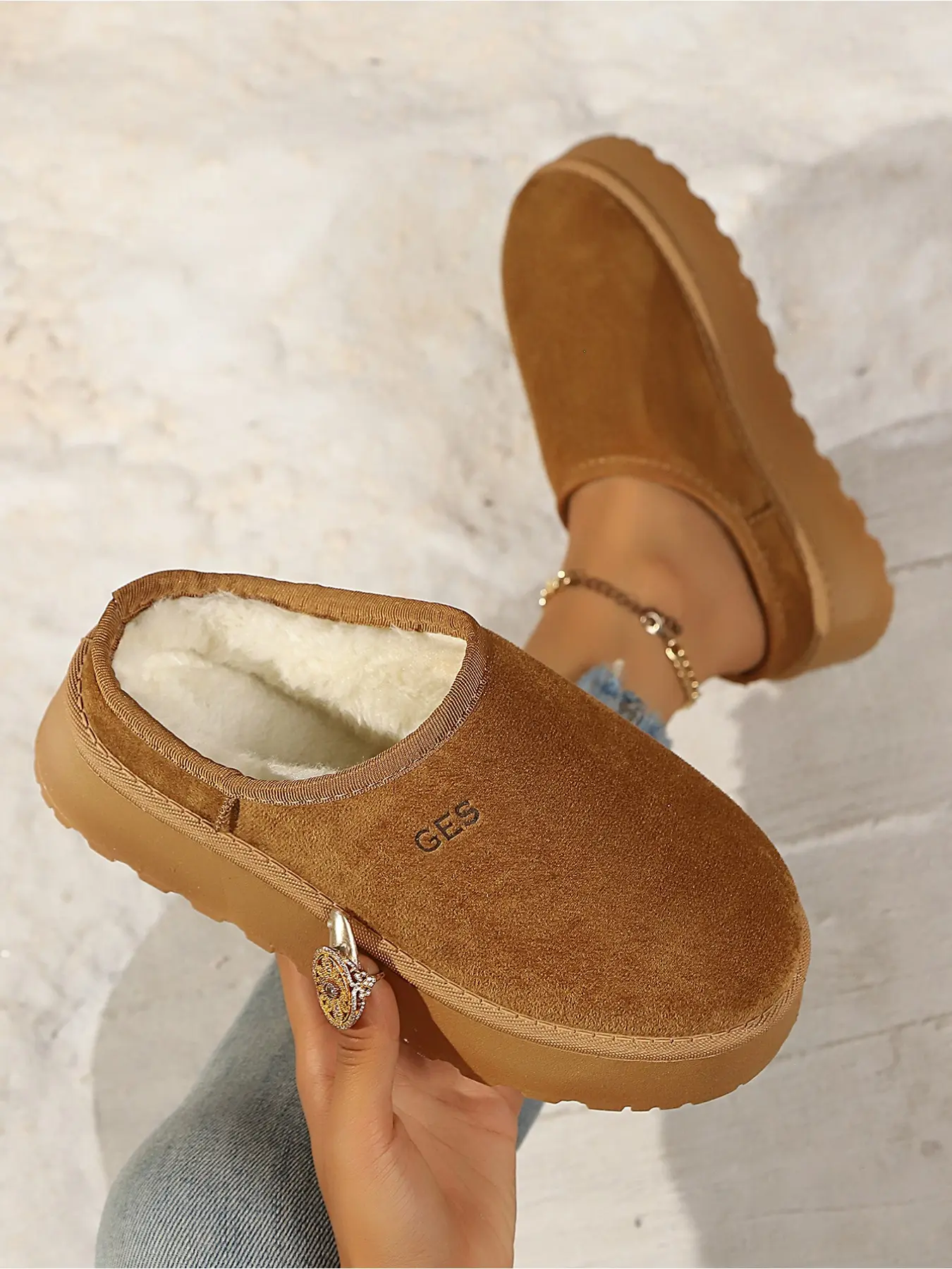 Women Platform Fleece Lined Mule Slippers, Winter Warm Fur Lined Slip On Clogs Retro Outdoor Casual Cotton Slides