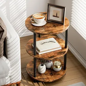 Small Round Coffee Table - 3-Tier Accent Side Table, Multi-Purpose Bedside Stand, Vintage Style Nightstand Suitable for Bedroom, Living Room & Compact Spaces, Rustic Brown Finish