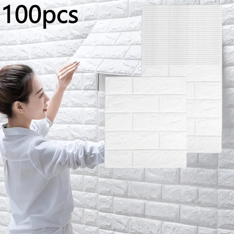 100pcs Self-Adhesive Wallpaper, Foam Brick Wall Stickers, Waterproof Thick Wall Decals, Bedroom Living Room Decor, Ceiling Decoration