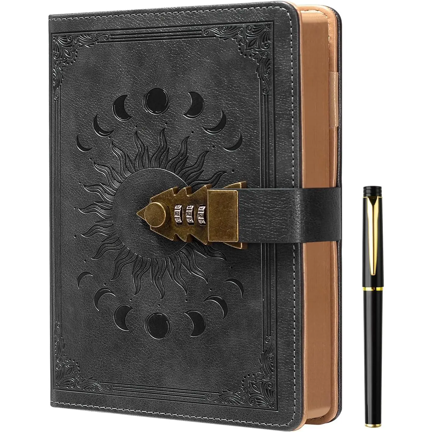 Women's Locked Cover Modern Leather Journal Planner, A5 240-Page Refillable Notebook with Pen, 8.5×5.9 in Dark Grey