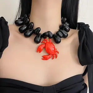 Y2K Summer Beach Chunky Black Irregular Bead Choker Necklace Cute Red Crab Pendant Statement Necklace Coastal Ocean Theme Vacation Party Trend Jewelry for Women cuban links