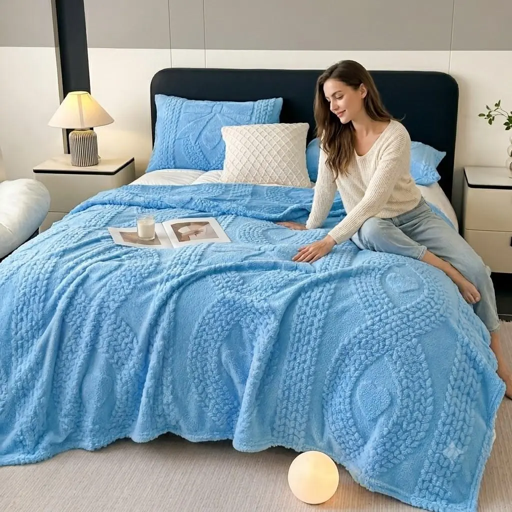 1pc 280g Heavyweight Blue Bow Heart Texture Blanket, Soft Thick Bedspread, 3D Embossed Design, Warm Comfort for Bedroom Living Room All Seasons
