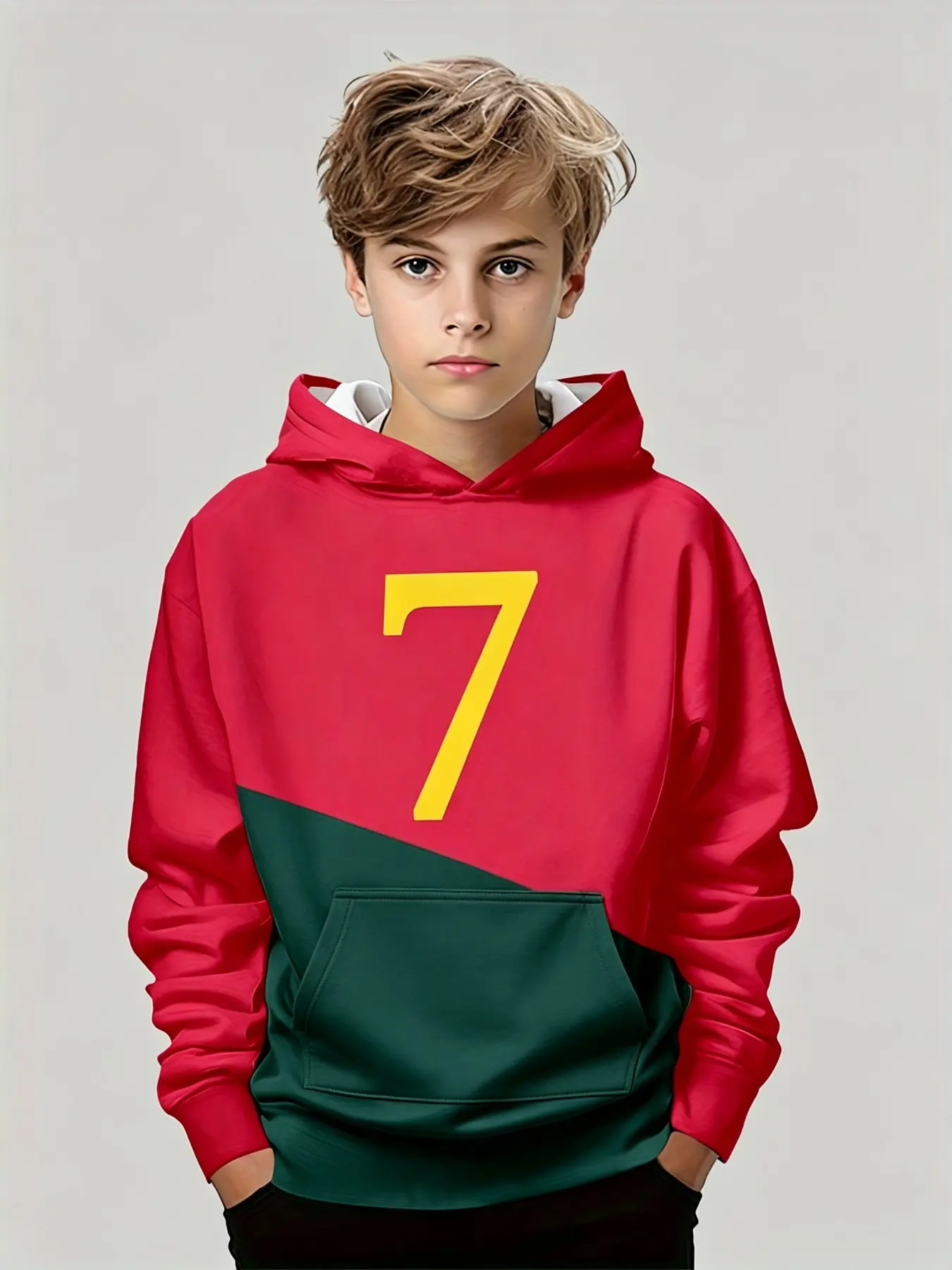 Portuguese Color Block Hoodie, Soccer Theme, Loose-Fit Casual Sweatshirt, Fall Season, Youth Pullover