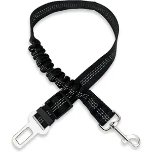 Black Adjustable Dog Car Safety Seat Belt with Elastic Cushion Leash & Anti-Tangle Metal Buckle