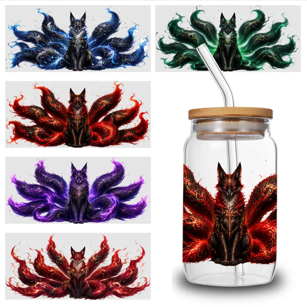 5 Sheets Nine Tailed Fox UV DTF Stickers Themed UV DTF Transfer Paper - Waterproof & Scratch Resistant, 3D Crystal Clear Decals for Glass Cups, Mugs, Laptops, Refrigerators