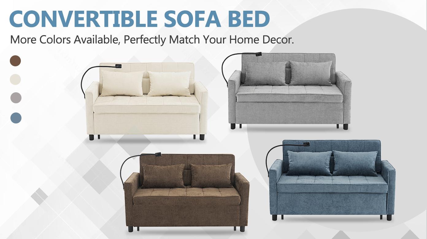 56.9" Loveseat Sofa Pull-out Sofa Bed Sleeper Sofa with A Reversible Backrest Cushion, Side Pockets, Two USB Ports and A Phone Holder for Living Room, Brown