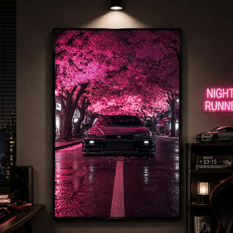 Nissan Skyline GT-R R34 Under Cherry Blossoms Canvas Art Print Poster, JDM Japanese Sports Car Wall Art, Realistic Vehicle Artwork, Automotive Wall Decor, Garage Wall Decor, Car Enthusiast Gift, Bedroom Living Room Dorm Decor, Vintage JDM Poster