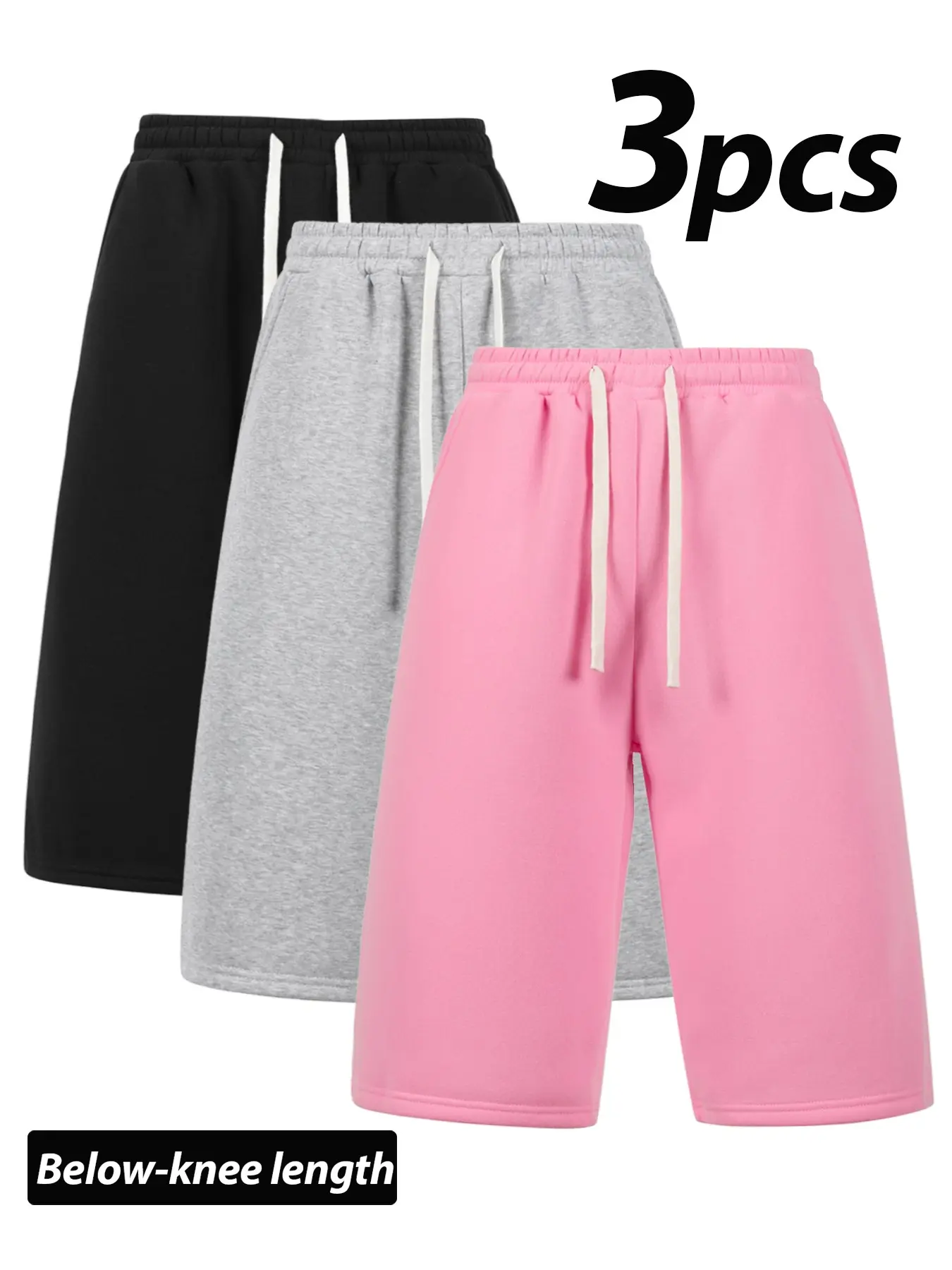 Men's Sporty Capri Pants, Fleece Lining, Slim Fit, Drawstring Waist, Knee-Length, Casual Knit with Practical Pockets, All-Season Wear