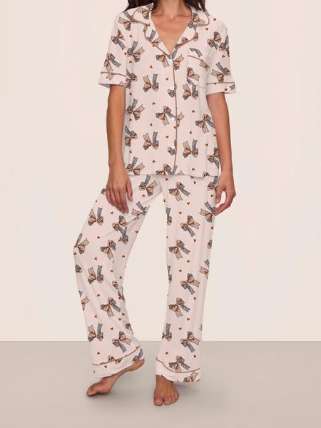 Women's Leopard Print Fitted Pajama Set with Bow Tie, Short Sleeve Shirt and Long Pants for All Seasons, Comfortable Casual Sleepwear