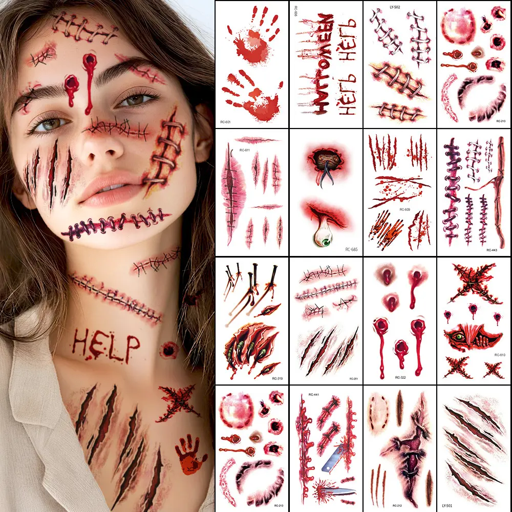 Halloween Scars Temporary Tattoos Realistic Fake Face Blood Horror Stickers Waterproof Zombie Stitches Wound Makeup