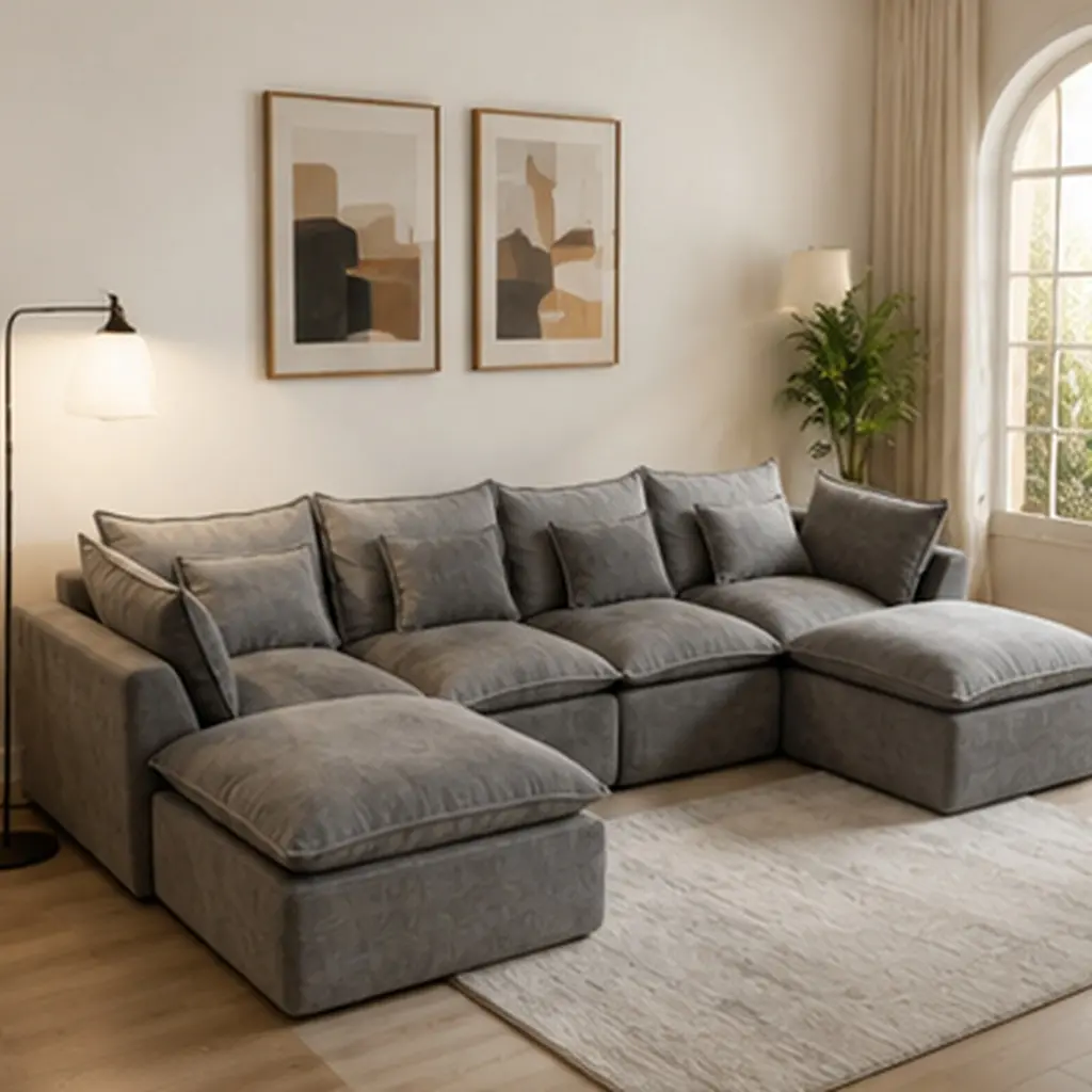 ARCH Oversized Modular Sectional Sofa Cloud Couch 129.8" Wide Deep Seat 4-Seat with 2 Ottoman Living Room Furniture Set Antique Grey Velvet Comfy Couch for Living Room Family Room, Antique Grey Color Options, Velvet Material, 4 Seat Seat Count