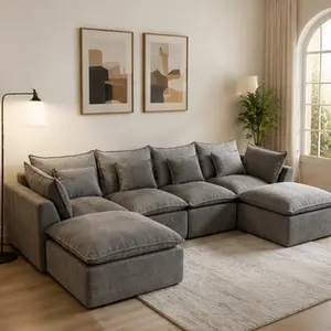 ARCH Oversized Modular Sectional Sofa Cloud Couch 129.8" Wide Deep Seat 4-Seat with 2 Ottoman Living Room Furniture Set Antique Grey Velvet Comfy Couch for Living Room Family Room, Antique Grey Color Options, Velvet Material, 4 Seat Seat Count