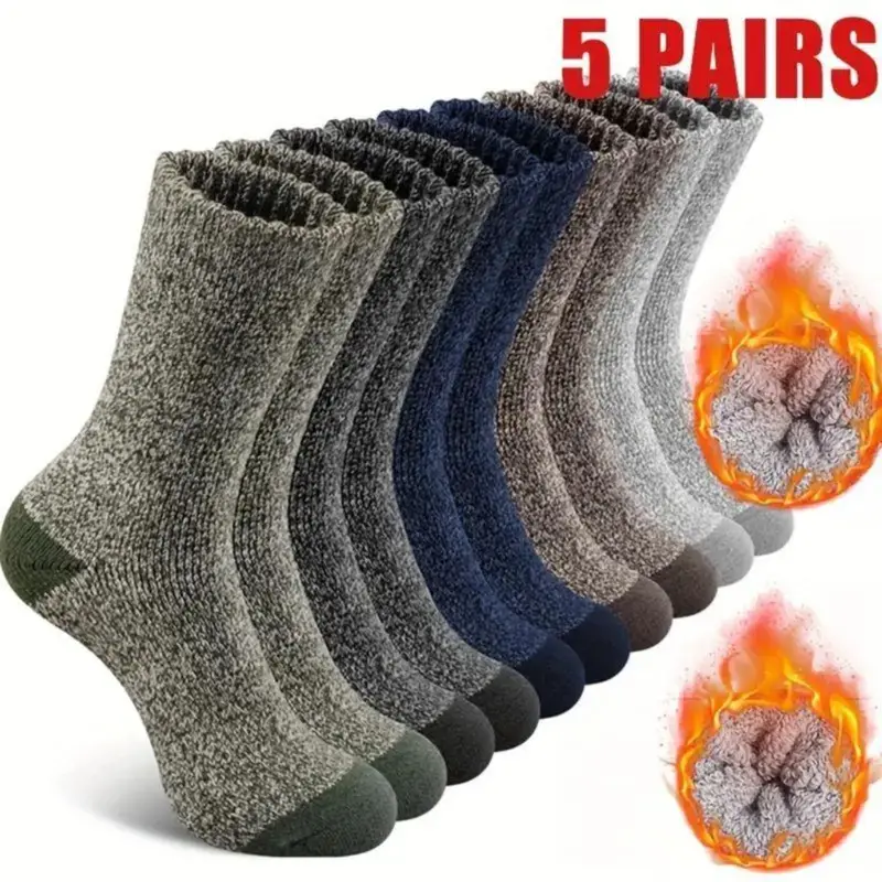 Men's 5-Pair Assorted Color Thick Warm Winter Cartoon Casual Polyester Elastic Blended Knitted Crew-Length Mid-Calf Socks, Machine Washable Basic Bulk Socks for Cold Weather Menswear, Assorted Mid-Calf Socks