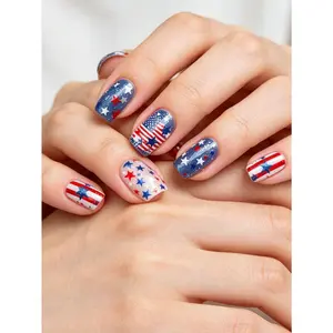 24pcs Short Square Press On Nails For Women Girls 4th Of July Nails Red White Blue Stars Stripes Glitter Patriotic Fake Nails Y2K Americana Aesthetic With Glue File Holiday