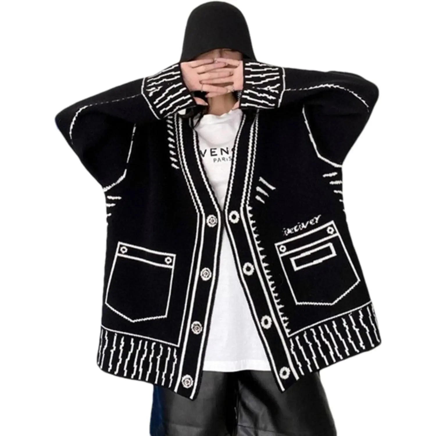 Women Print Graffiti Unique Cardigan Sweater Y2k Fake Pocket Long Sleeve Button Up Open Front Knit Sweaters CoatGift.