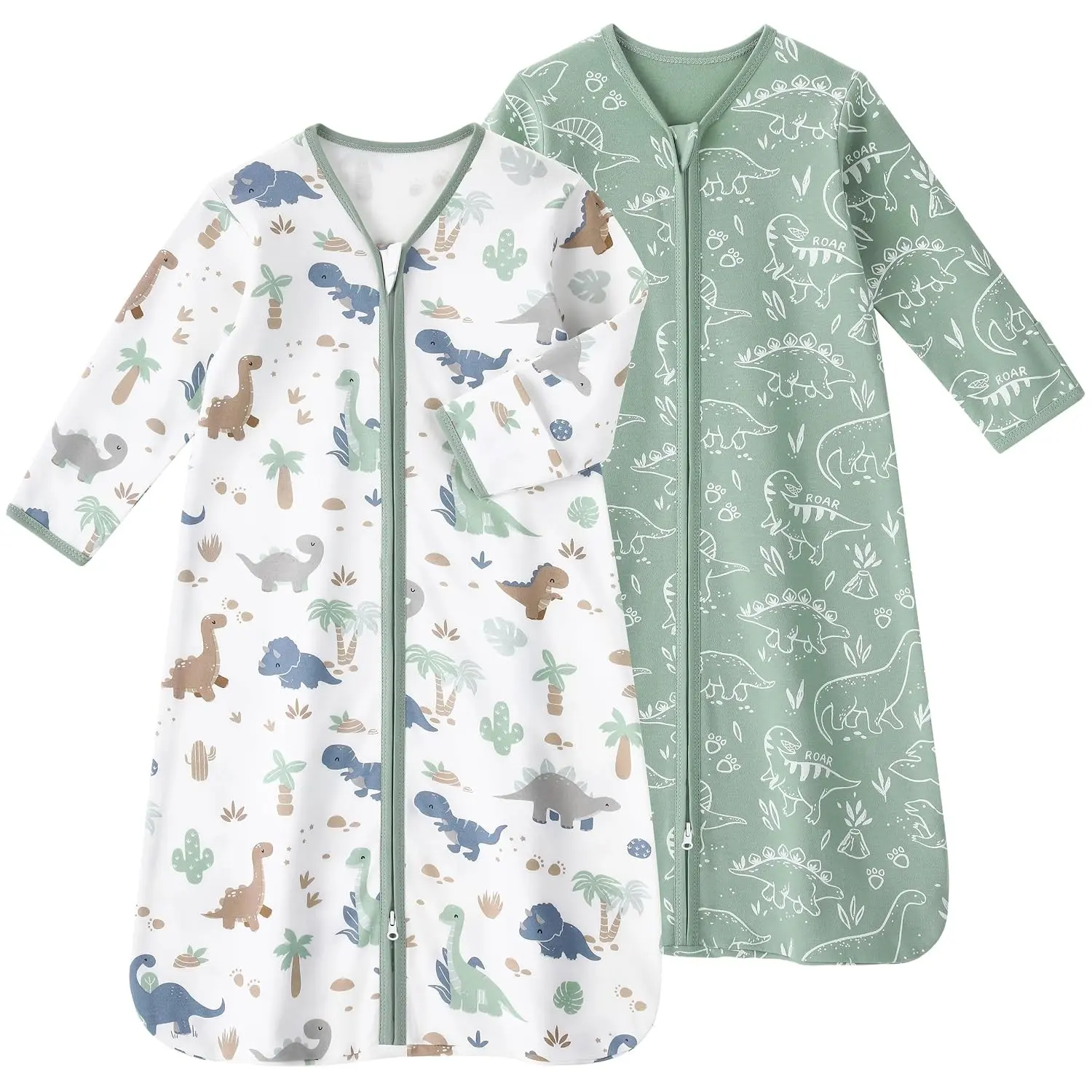 Baby Sleep Sack 6-12 Months, Long Sleeve Wearable Blanket 0.5 TOG with Mittens, 2-Way Zipper Cotton Sleeping Sack for Boys and Girls, Green Dinosaur, 2 Pack MediumGift
