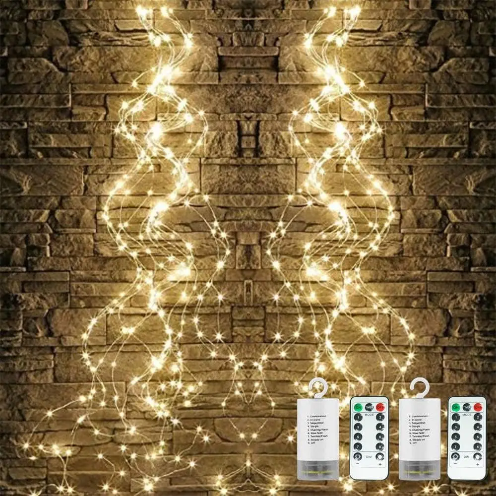 2 Pack Fairy Lights, 250 LEDs Waterfall String Lights,  Operated Twinkle Light with Remote, Branch Watering Can  Lights for Garden Outdoor Christmas Tree Decor