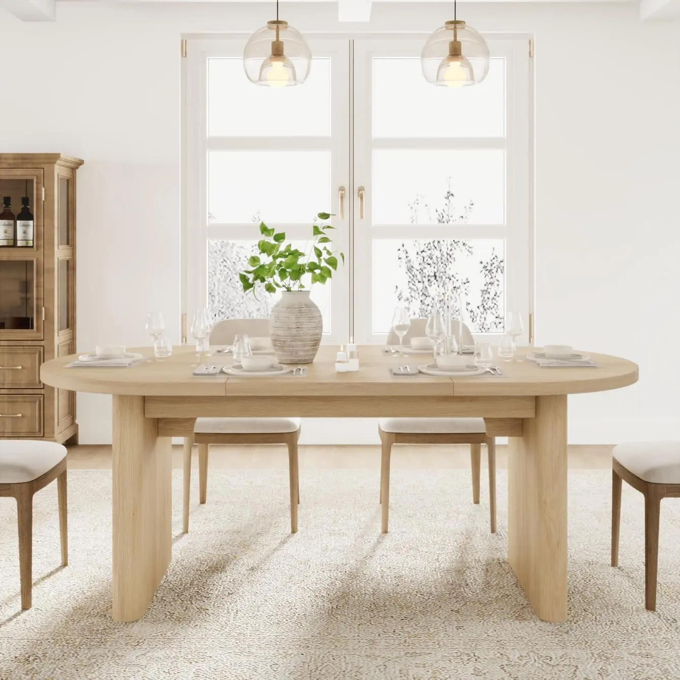 Oval Dining Table 4-8 People, Large Farmhouse Kitchen Table with Double Pedestal Wooden Base, Spacious MDF Veneer Dining Room Table, Waterproof Easy Clean Heavy Duty Table for Home Living Room Office Reception Area（Only Table）