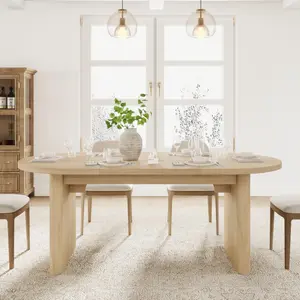 Oval Dining Table 4-8 People, Large Farmhouse Kitchen Table with Double Pedestal Wooden Base, Spacious MDF Veneer Dining Room Table, Waterproof Easy Clean Heavy Duty Table for Home Living Room Office Reception Area（Only Table）