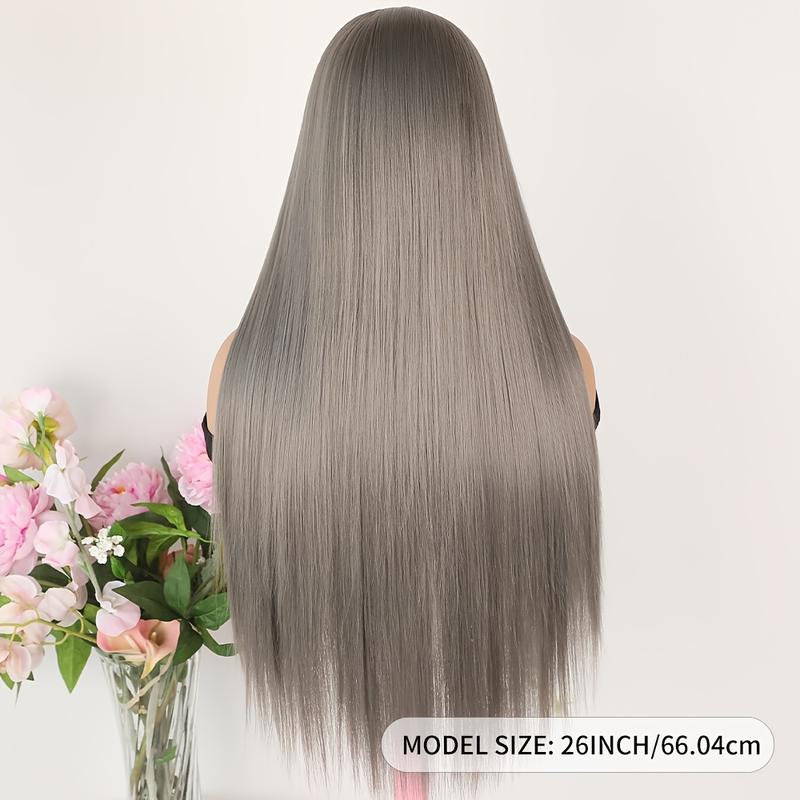4*2 Inch Dark Grey Wigs for Women Long Straight Synthetic Small Lace Front Wig 26 Inch Middle Part Heat Resistant Gray Hair Replacement Wigs for Cosplay Daily Party Use