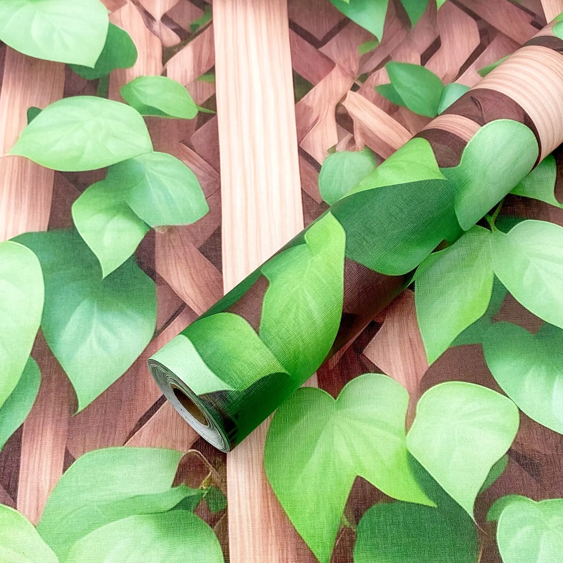1 Roll 17.5in Width Faux Wood Lattice Green Ivy Peel and Stick Wallpaper, Waterproof Easy to Clean Cuttable Removable Wall Decals for Bedroom Living Room Cabinet Rental Home Decor