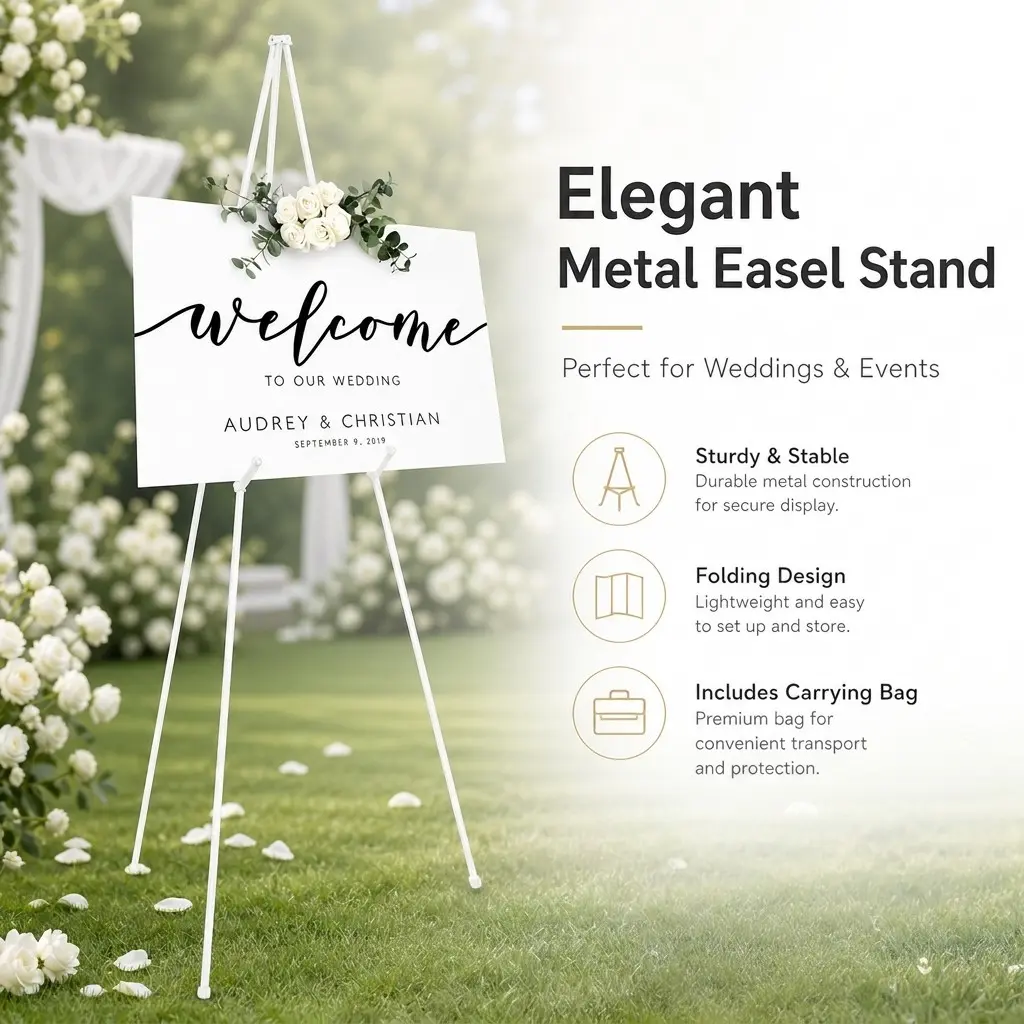 Foldable Metal Tripod Easel, Includes Storage Bag, Lightweight and Stable Display Stand, Ideal for Weddings, Art Boards, Posters, Exhibitions
