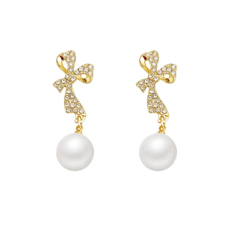 Women's Elegant Bow Outline Drop Earrings - Hypoallergenic Anti-Tarnish Coated Metal Alloy Base, Faceted Inlay Sparkle, Round Pendant, Dangling Chain, 3.4x1.4cm | for Wedding Party, Date Occasions