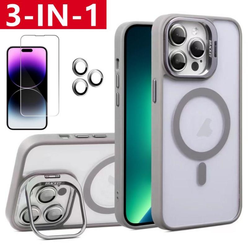 3-in-1 Shockproof Stand Protective Case for iPhone 17 Pro Max 17 16 15 14 13 12, with Screen Protector & Camera Lens Protector iPhone Case Cover