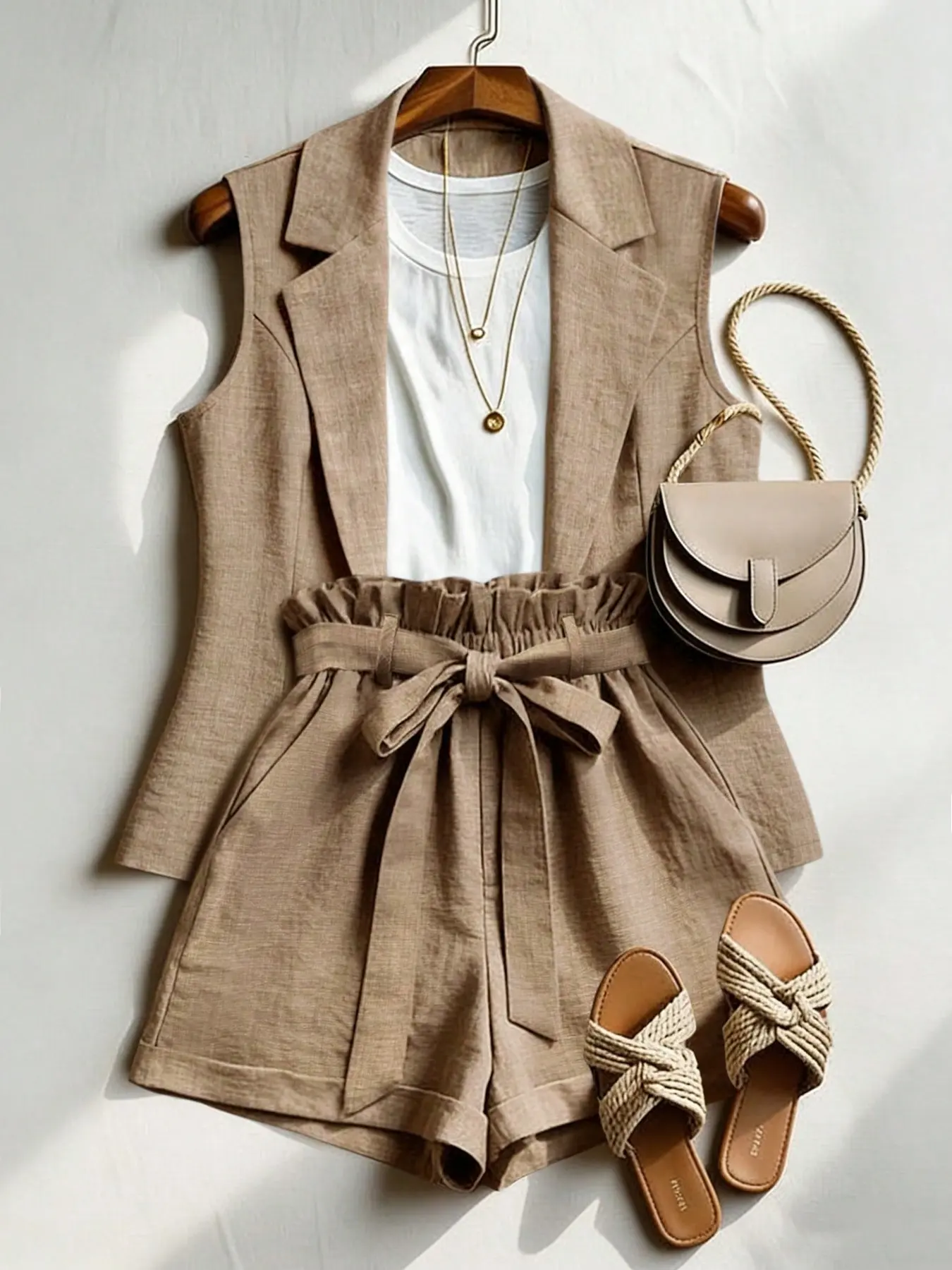 Women's 2-Piece Set Sleeveless Collared Vest Top + Ruffled Tie Shorts, Casual Office Wear, Daily, Vacation, Chic Style, Clothes, Outfit