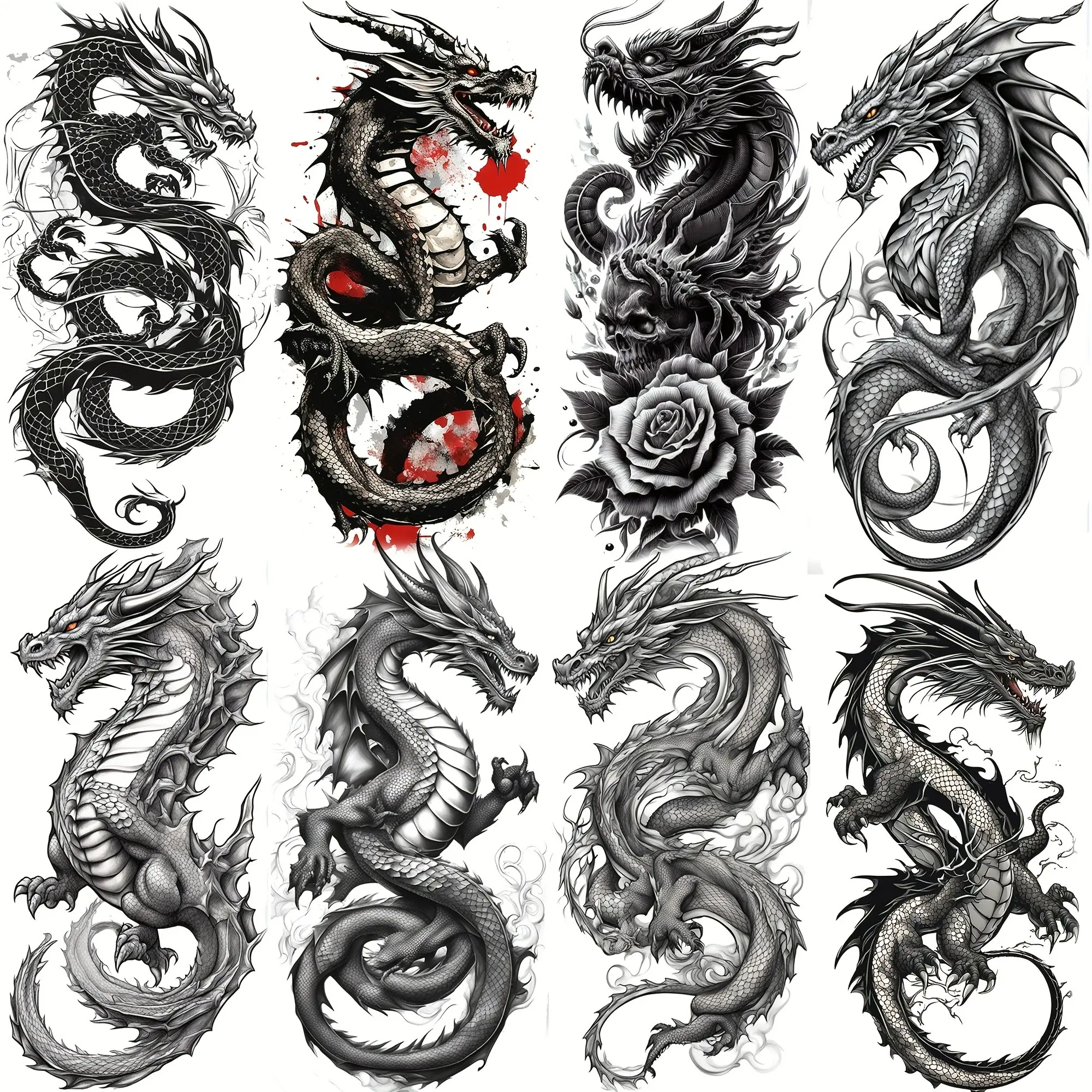 8 Fierce Dragon Temporary Tattoos for Men and Women, Realistic Waterproof Fake Tattoo Stickers, Aesthetic Tattoo Merch, DIY Tattoos, Suitable for Adult Arms and Legs