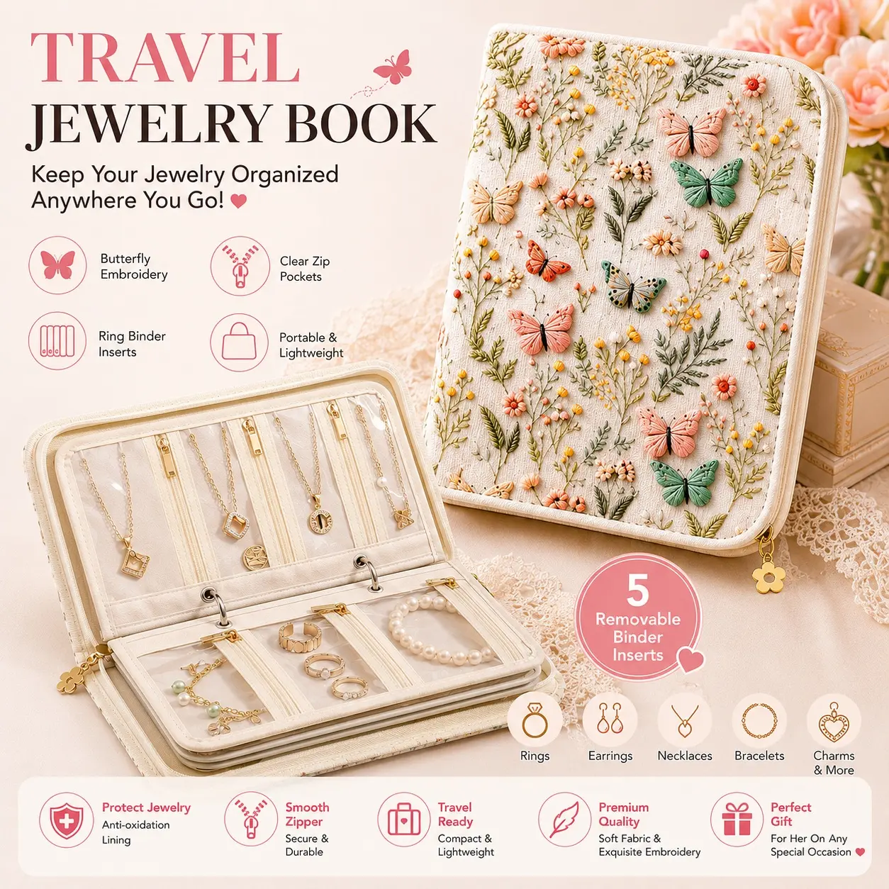 Butterfly Embroidered Travel Jewelry Organizer Book, Portable Jewelry Case with Clear Zip Binder Pockets for Earrings, Rings, Necklaces & Bracelets