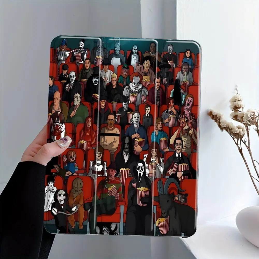 Halloween Horror Theater Trifold Stand Tablet Case, Tablet Protective Cover, Cartoon Spooky Villains Print iPad Case With Pencil Holder, Auto Sleep/Wake Mode, Shockproof & Scratch-Resistant, Fit 7.9/10.2/10.5/10.9/11/12.9 Inch, Gift