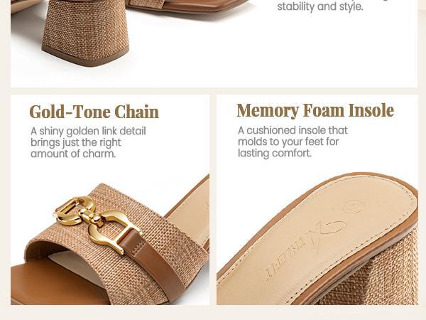 Women's Raffia Heeled Sandals Square Open Toe Slip On Mules Chunky Block Heels with Metal Chain for Summer Vacation