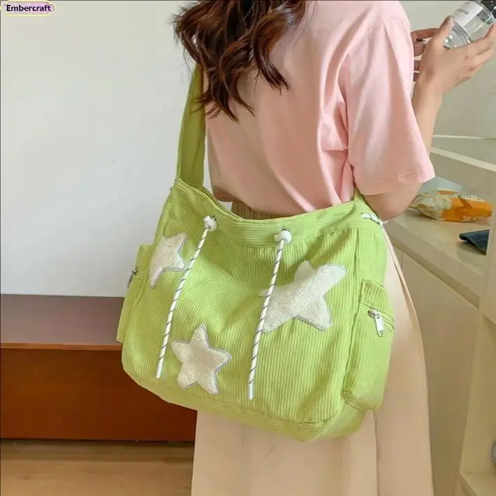 Women's Corduroy Tote Bag with Star Patch, Casual High-Capacity Shoulder Bag for School and Shopping, Tote Bags