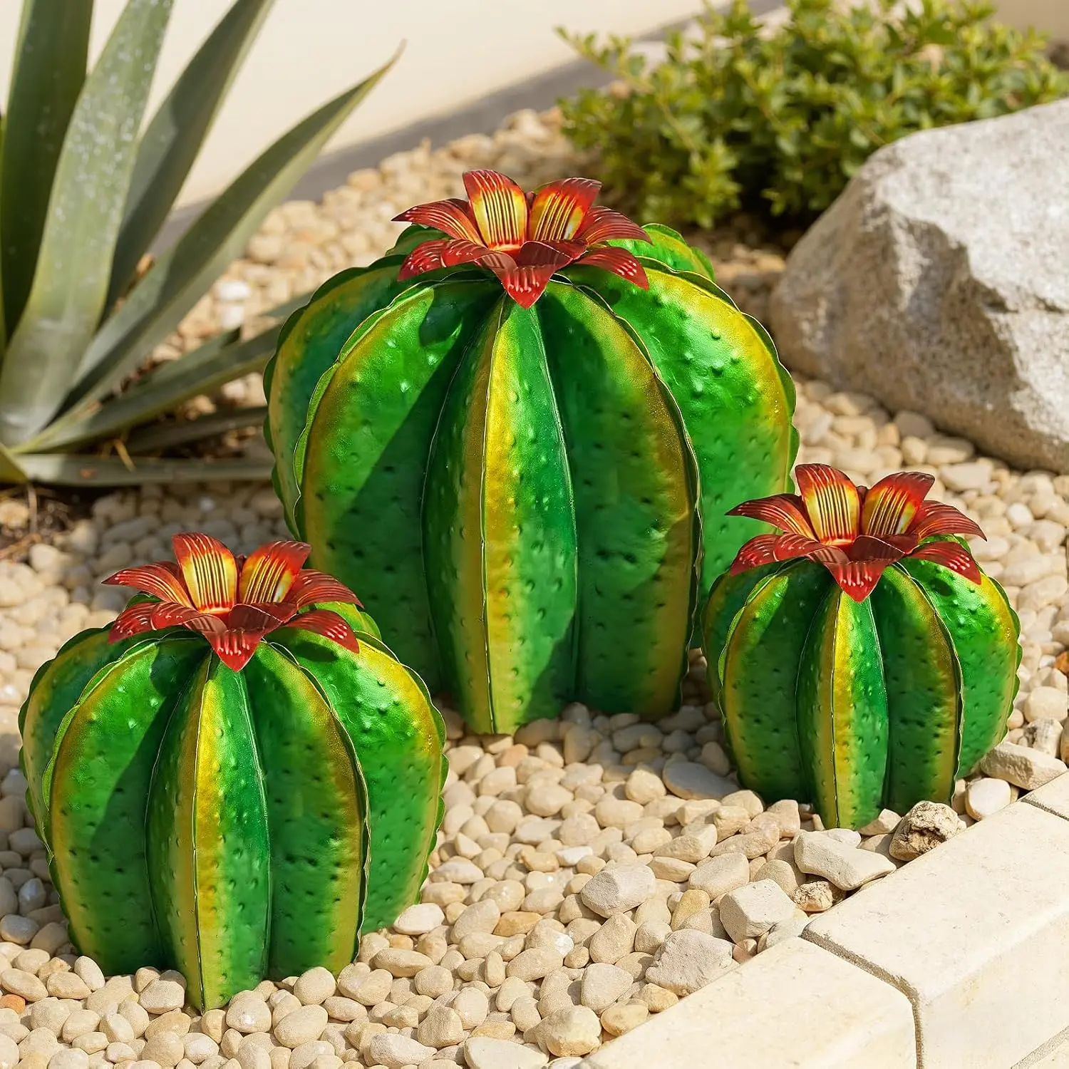 Metal Cactus Outdoor Decor, 3-Pack  Barrel Cactus Sculptures | Outdoor-Resistant Garden Statues, Hand-Painted Finish, Zero Maintenance, Desert Steel Yard Art, Housewarming Gifts