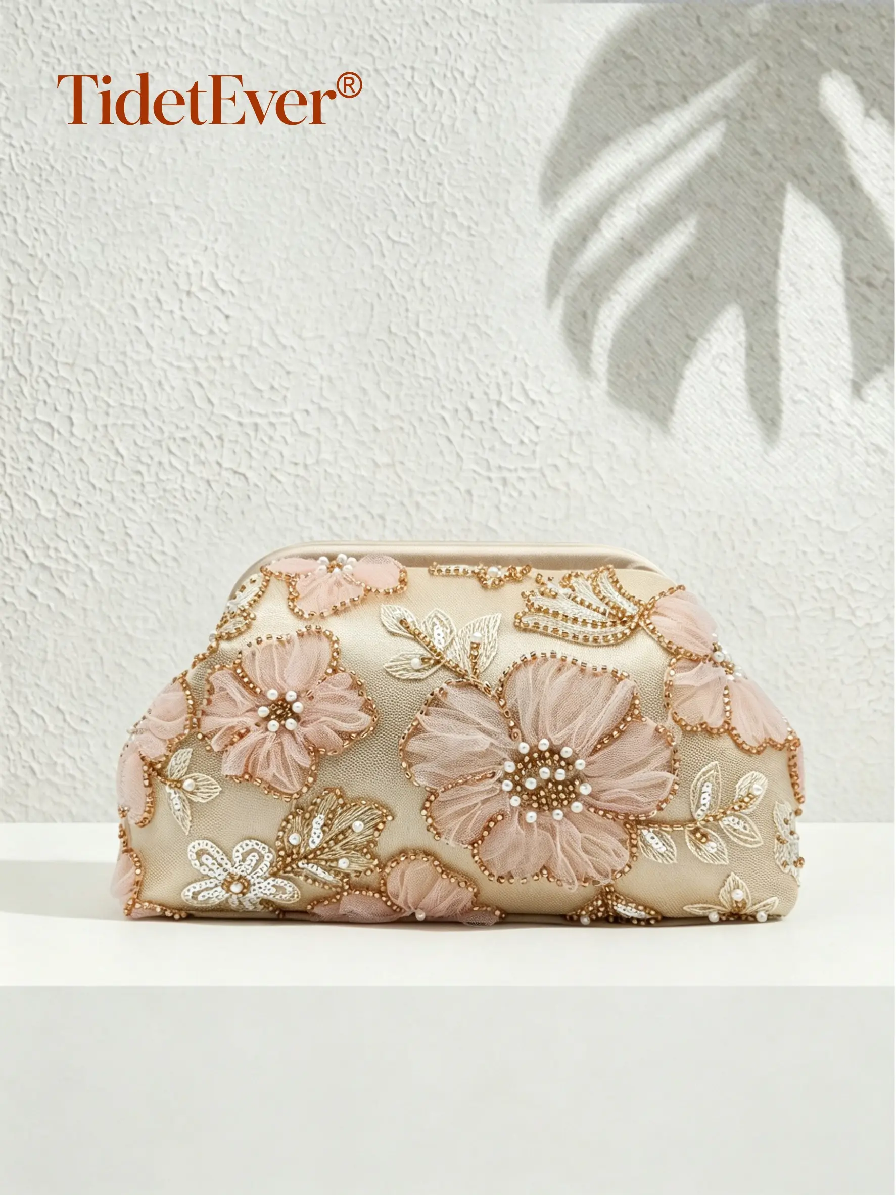 Elegant Champagne Gold Beaded Pearl Floral Trendy Clutch Bag for Women, Evening Handbag, Bride Wedding Holiday Prom Party Formal Purse Gifts